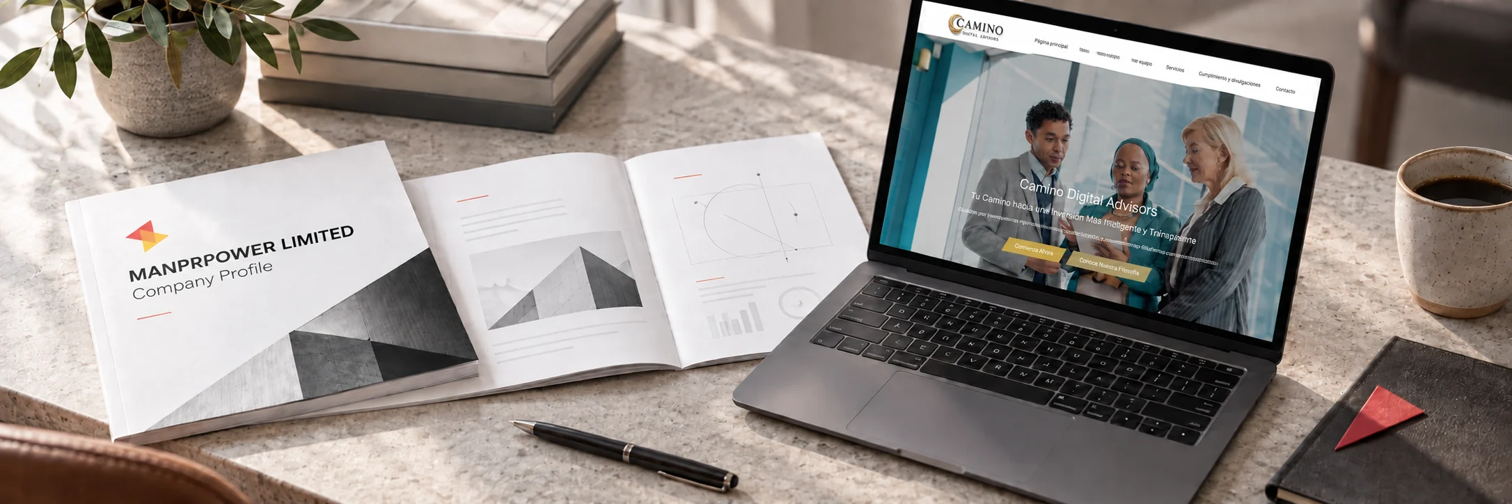 Company profile, page mockups and the Camino website case study on a project workbench