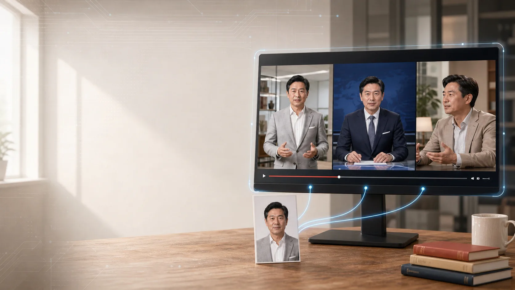 A picture of an authorized person's photo transformed into three kinds of voiceover and interview videos.