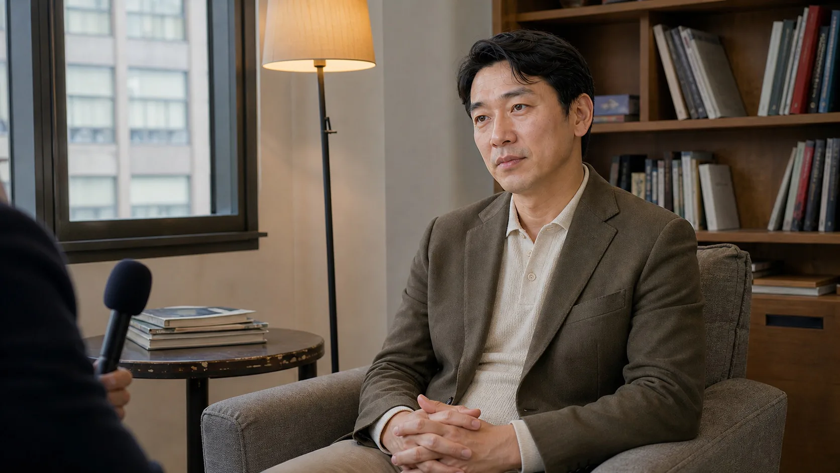 The character is interviewed from the side.