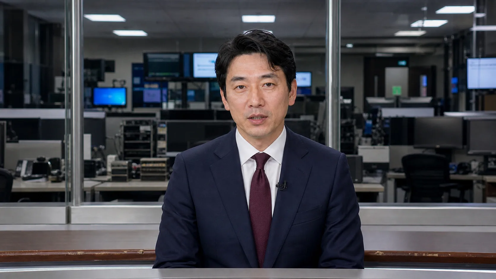 Person presenting as an anchor in a news studio
