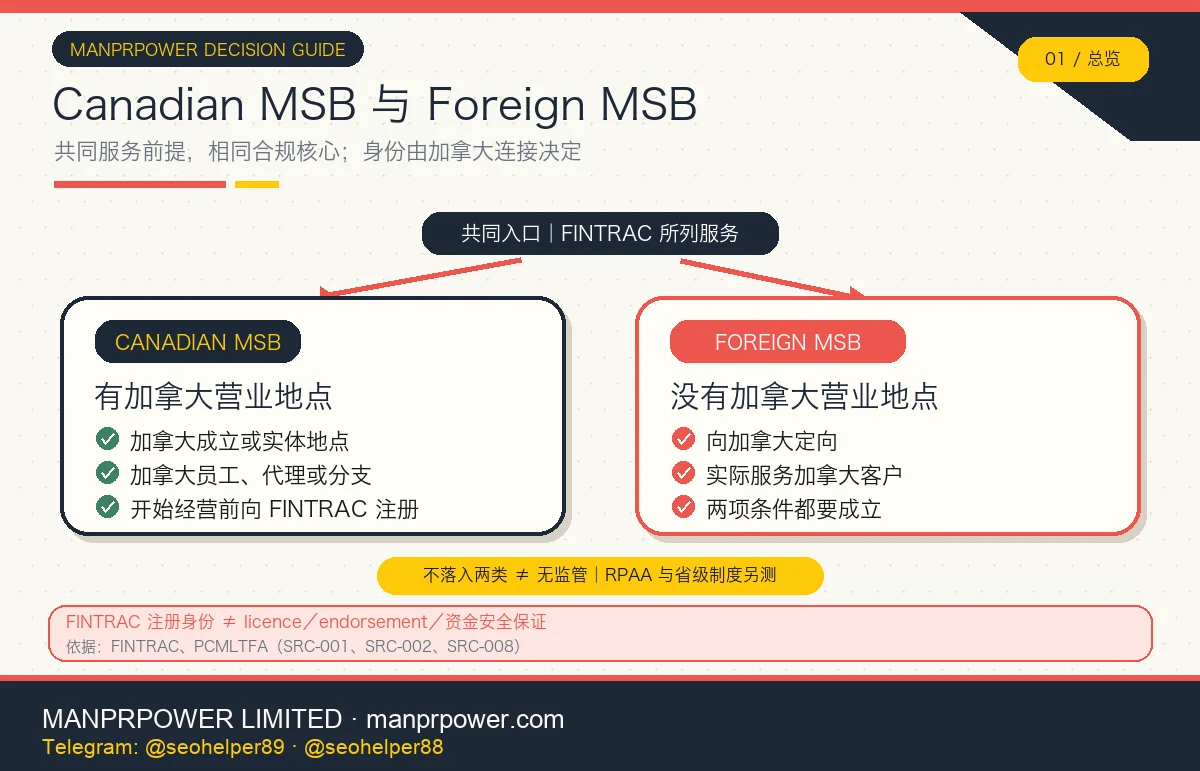 Canadian MSB 与 Foreign MSB 双路径总览，有加拿大营业地点进入 MSB 判断，无营业地点但定向并服务加拿大客户进入 FMSB 判断