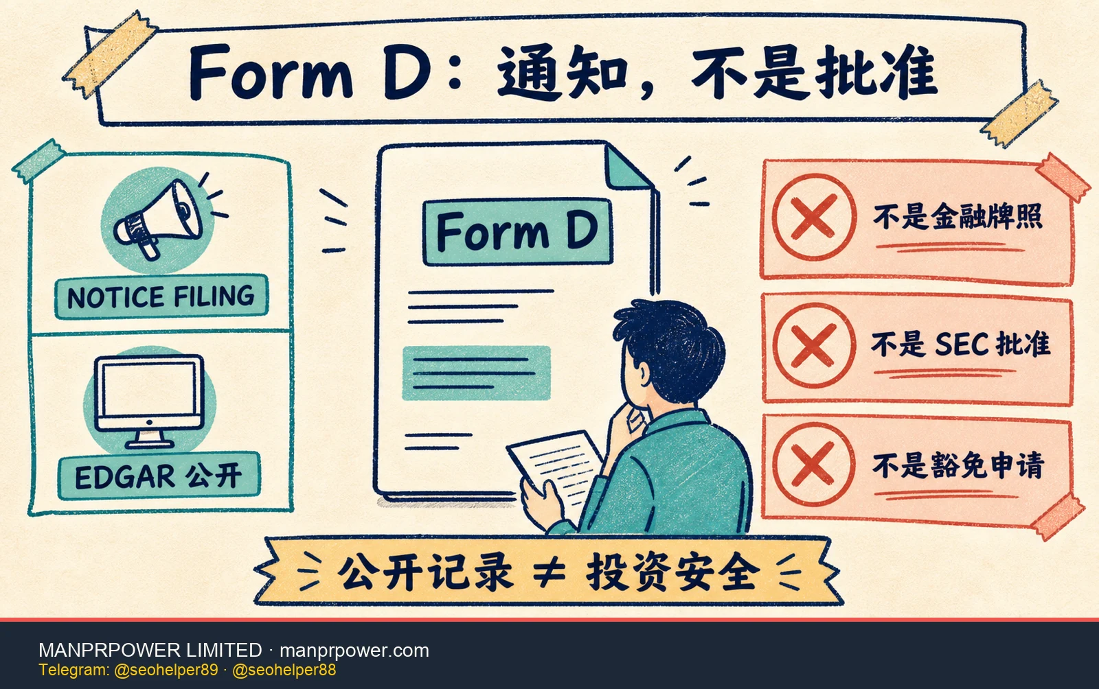 SEC Form D 功能边界图，说明它是 Regulation D 发行通知并在 EDGAR 公开，不是金融牌照、SEC 批准或豁免申请
