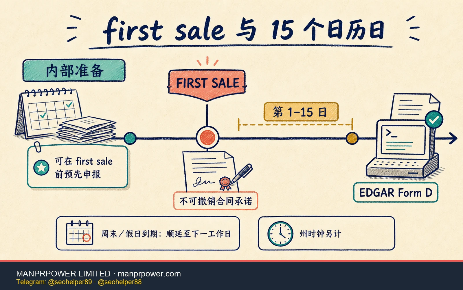 SEC Form D first sale 与 15 个日历日时间线，从不可撤销合同承诺起算，并说明周末假日顺延及州时钟另计