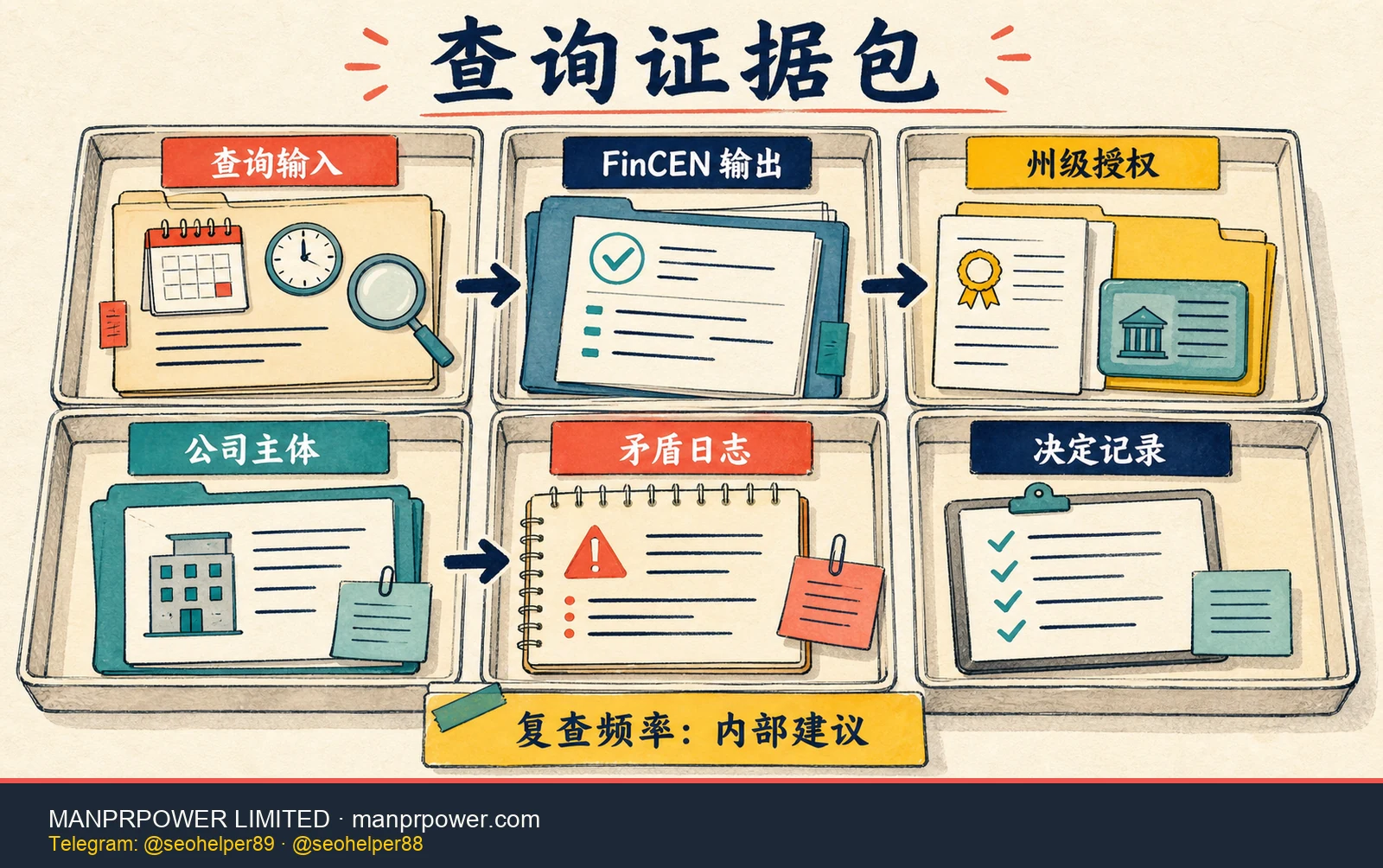 FinCEN MSB 查询证据保存清单，包含查询输入、状态文件、州牌照、公司主体、矛盾日志和决定记录