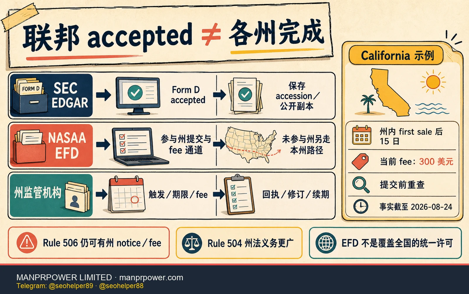 SEC Form D 联邦和州级申报矩阵，区分 EDGAR accepted、NASAA EFD 参与州通道与州监管机构的期限、fee、回执和修订