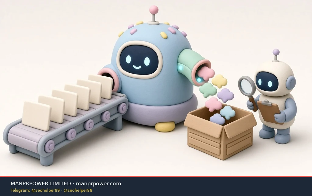 相同的问题卡片沿传送带送进AI机器，产出的不同回答落进档案箱，小机器人拿着放大镜和记录板复核，表示重复提问并留存记录