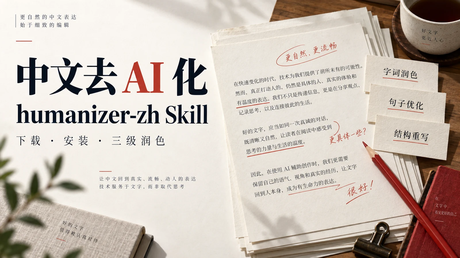 中文去 AI 化 humanizer-zh Skill 封面，展示批注稿纸与字词润色、句子优化、结构重写三级修改卡片