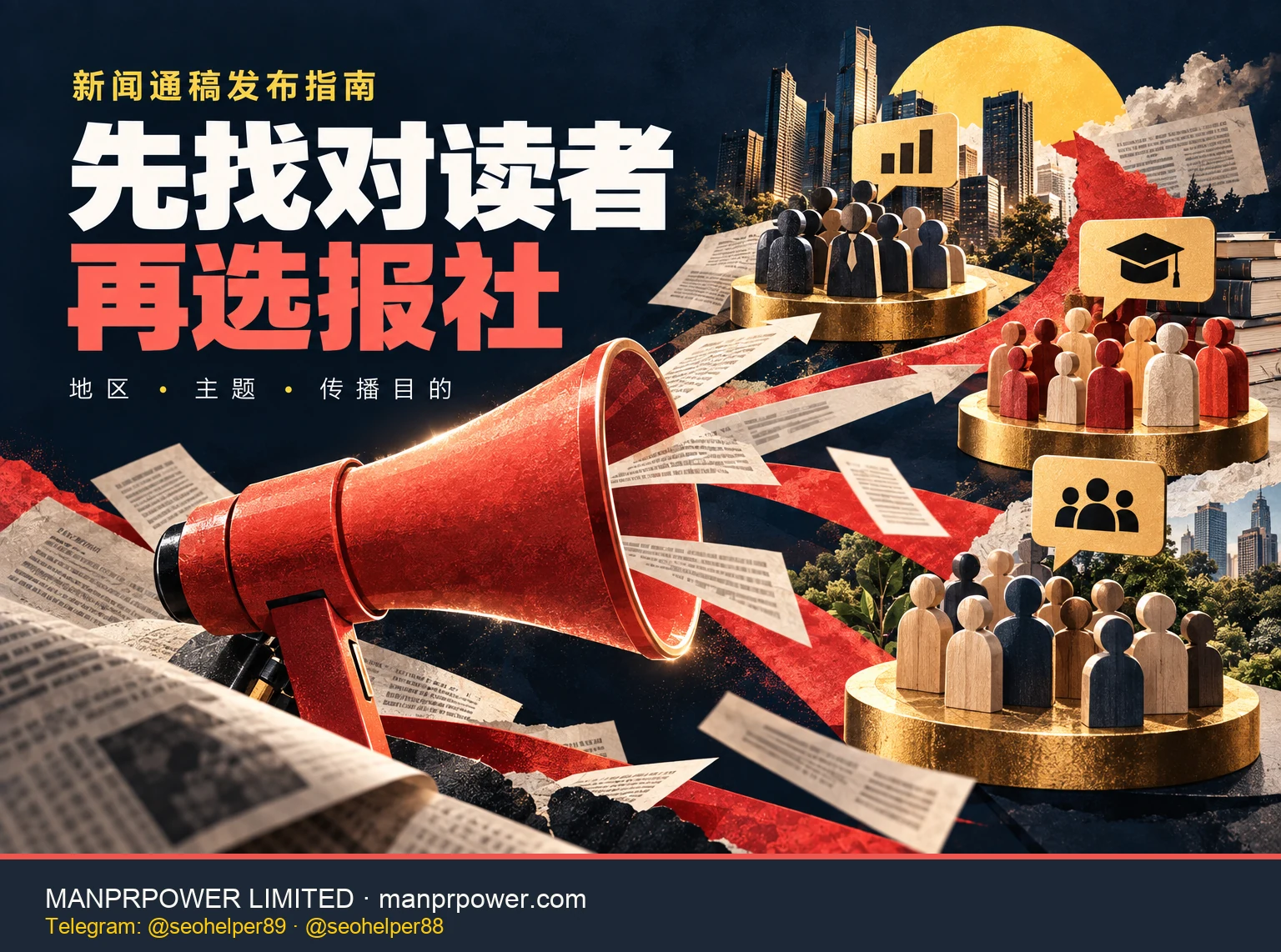 珊瑚红扩音器朝向三组木质人物模型，提醒企业按地区、主题与传播目的选报社。