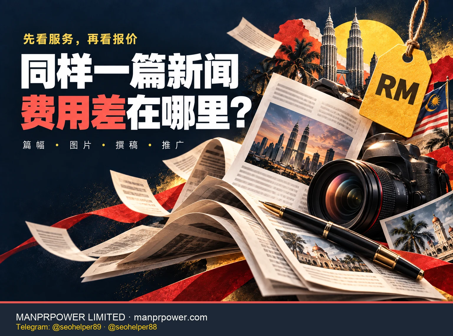 新闻纸张、写作与摄影物件和RM价格标签组成的海报，提示比较篇幅、图片、撰稿与推广。