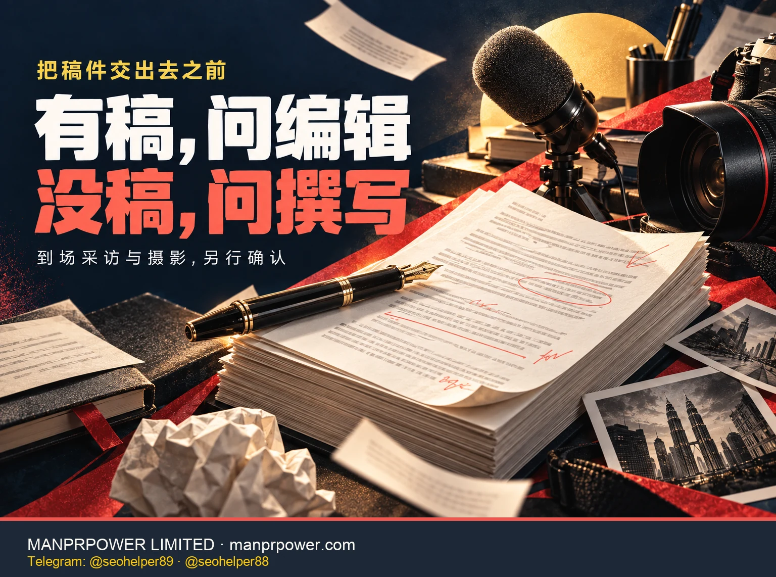 稿纸、钢笔、麦克风和相机拼贴，说明现成稿编辑、从素材撰稿及到场服务应分别确认。
