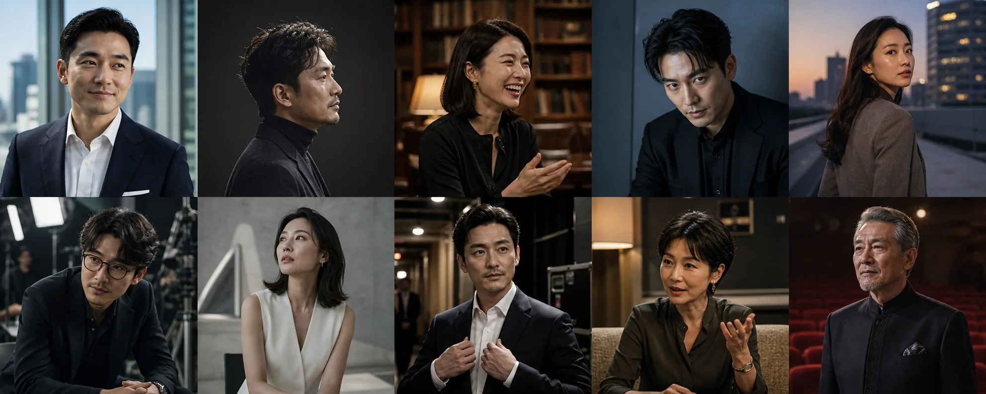 10 位不同年龄与气质的虚构中国演员，在办公室、片场、图书馆、城市天台及剧院等不同背景中的选角形象