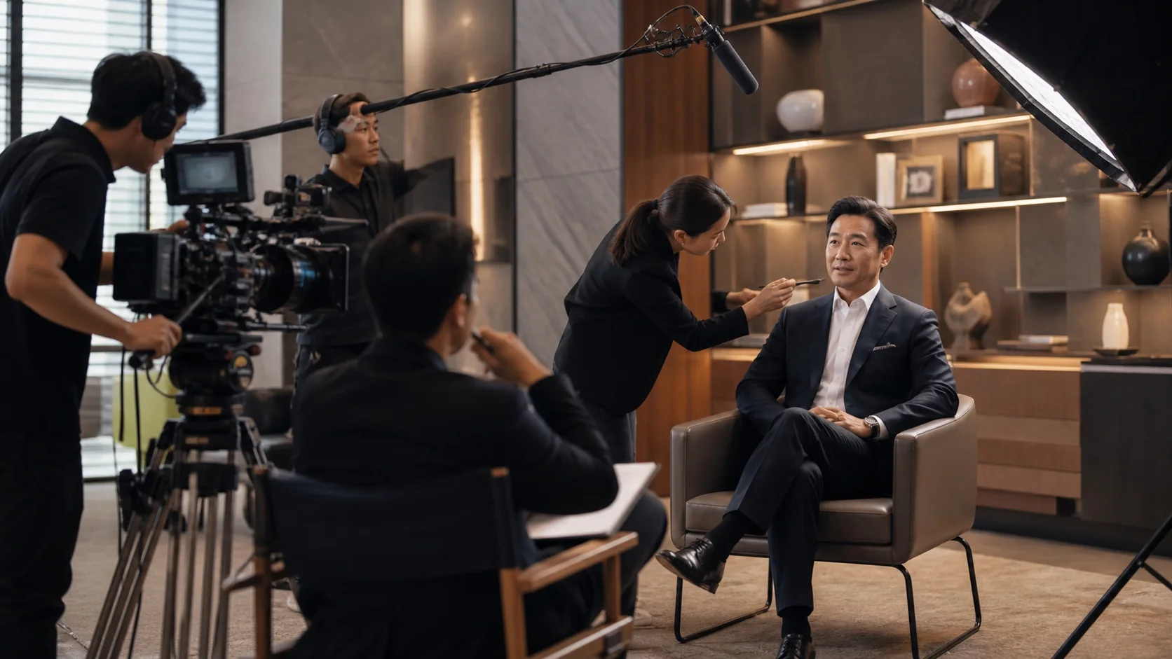 CEO 人物自传影片的专业拍摄现场示意，画面包含受访者、摄影机与制作团队