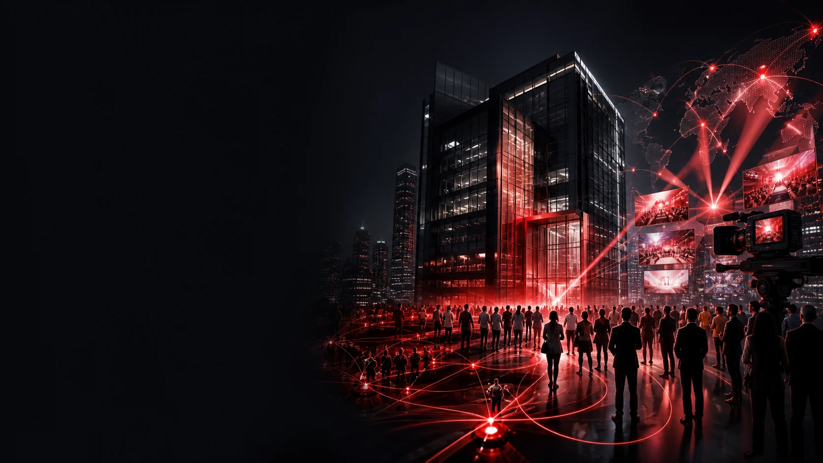 Visual indication of company publicity film composed of the architecture of black and red financial enterprises, public confidence network and media exposure paths