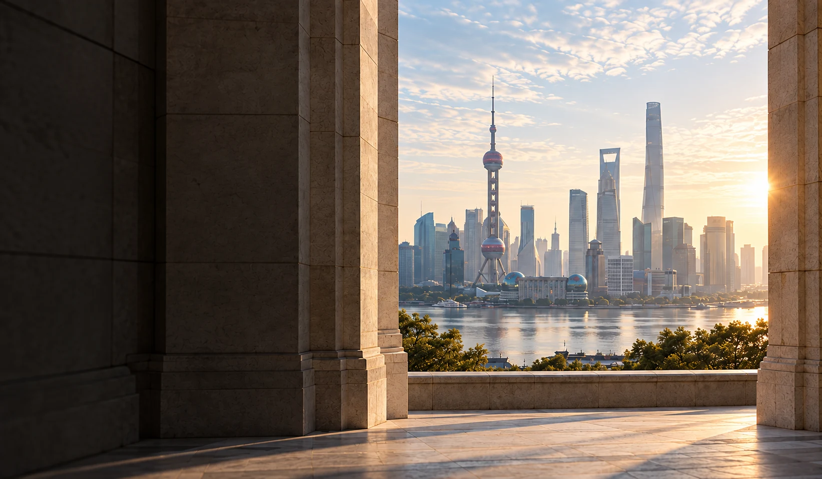 Looking at the skyline of Shanghai from under the stone corridor