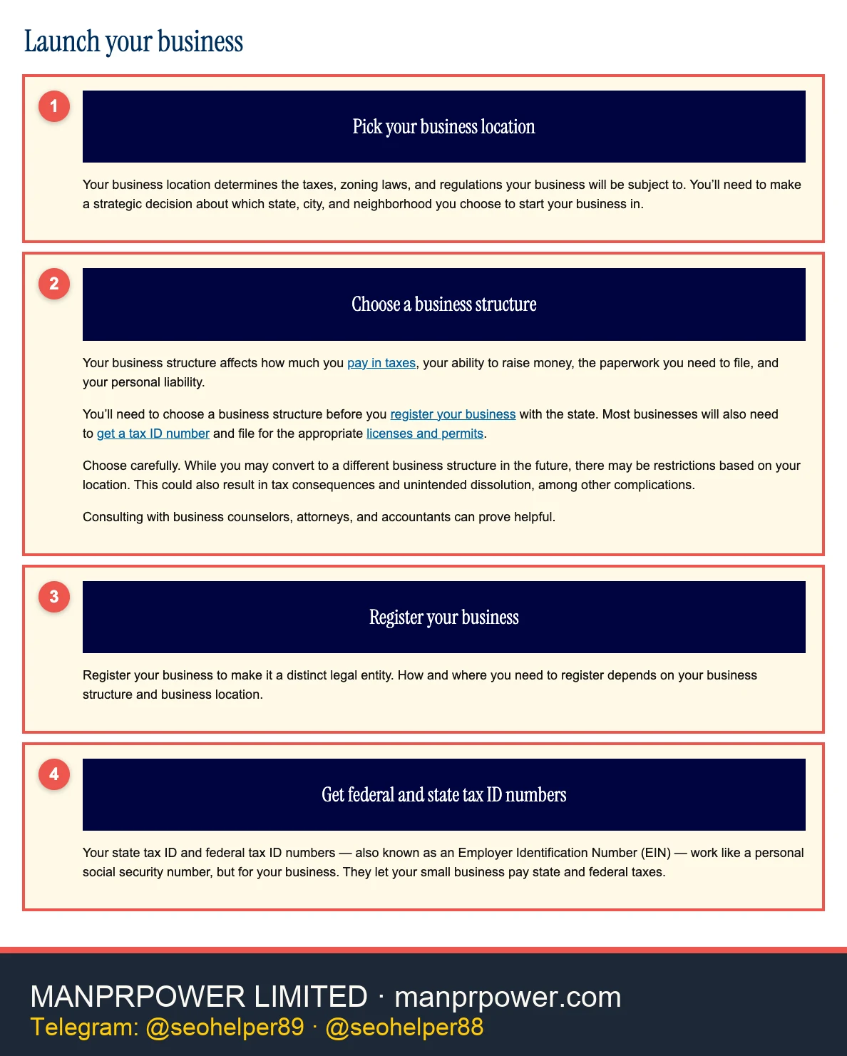 English reference graphic from the US Small Business Administration on starting a business, marking business location, entity, registration, and tax ID
