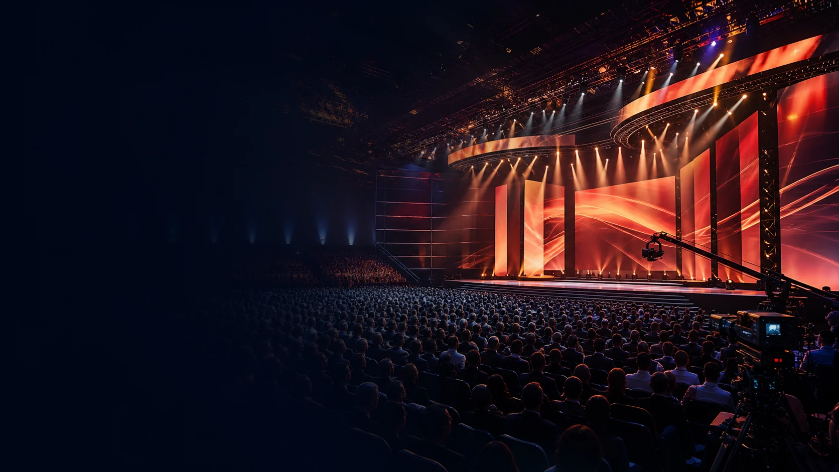 Visual illustration of event-video production with a large corporate summit stage, audience seating, and professional filming equipment