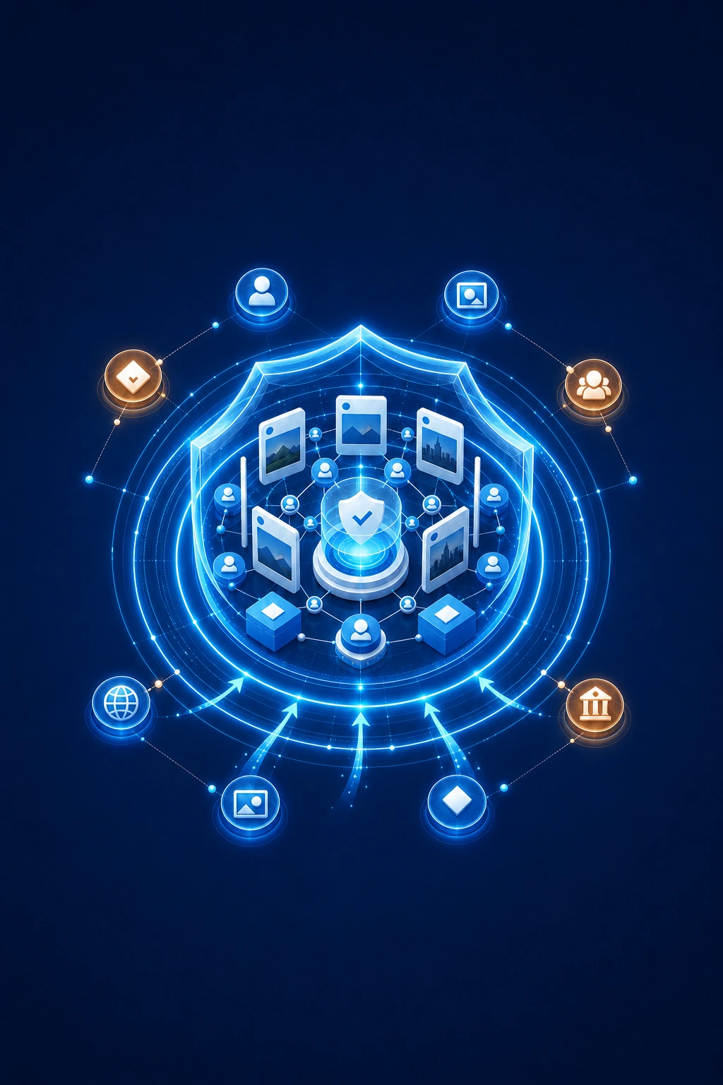 Technology illustration of trusted brand-information nodes protected by a digital security layer
