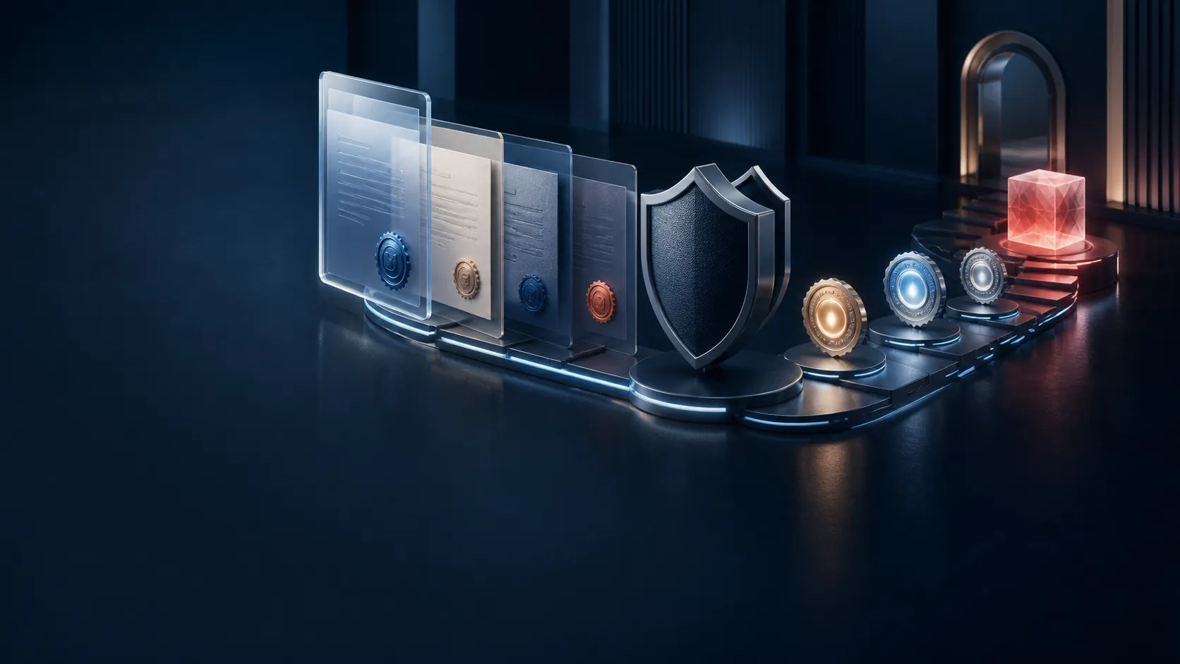 3D visual illustration of documents, a shield, and verification nodes forming a decision chain
