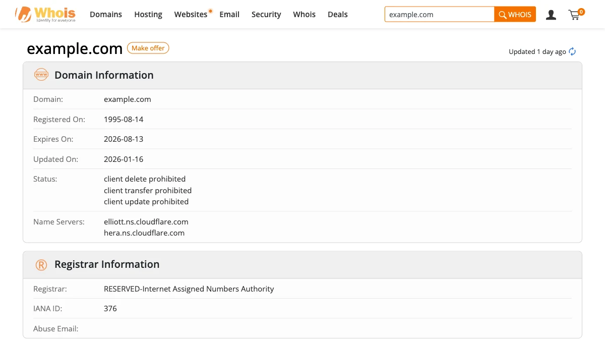 Public interface shown when WHOIS.com searches example.com, displaying the registration date, expiry date, status, nameservers, and registrar information
