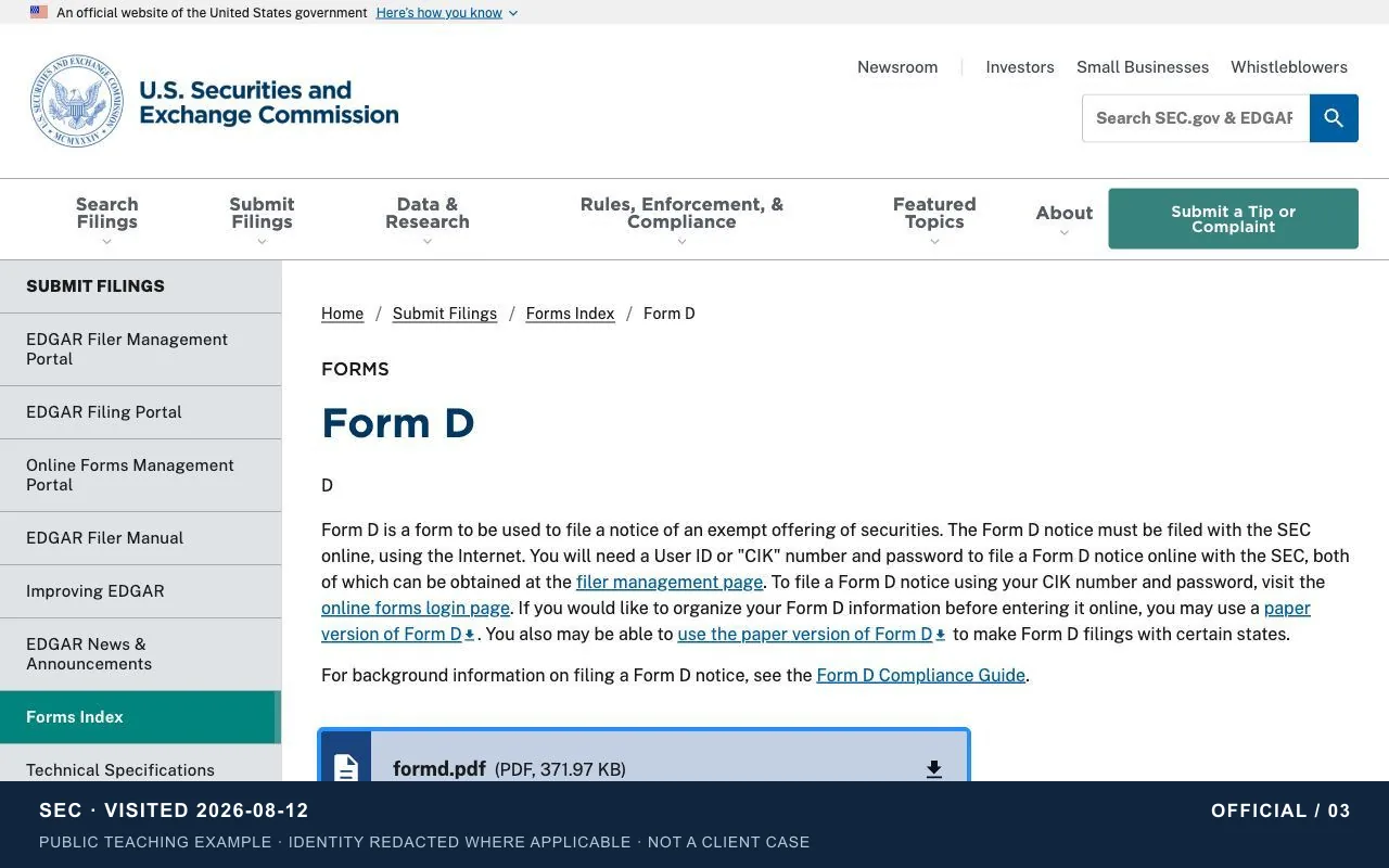 EDGAR Form D online filing entry | official tutorial screenshot