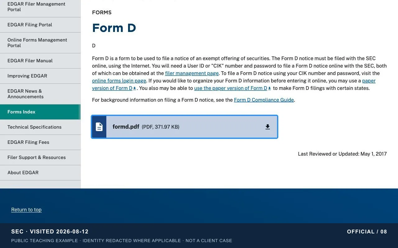 Official Form D form | Instructional screenshot of the official page