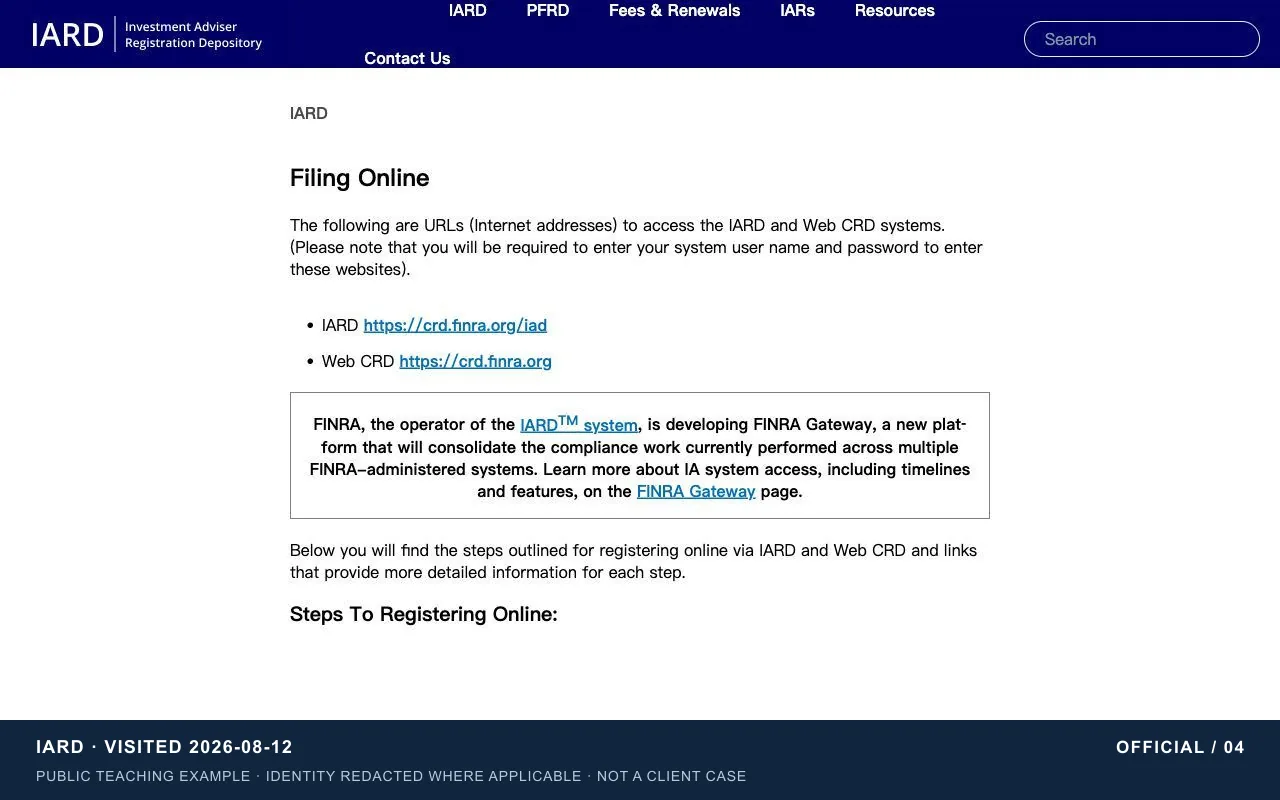 IARD Filing Online | Instructional screenshot of the official page