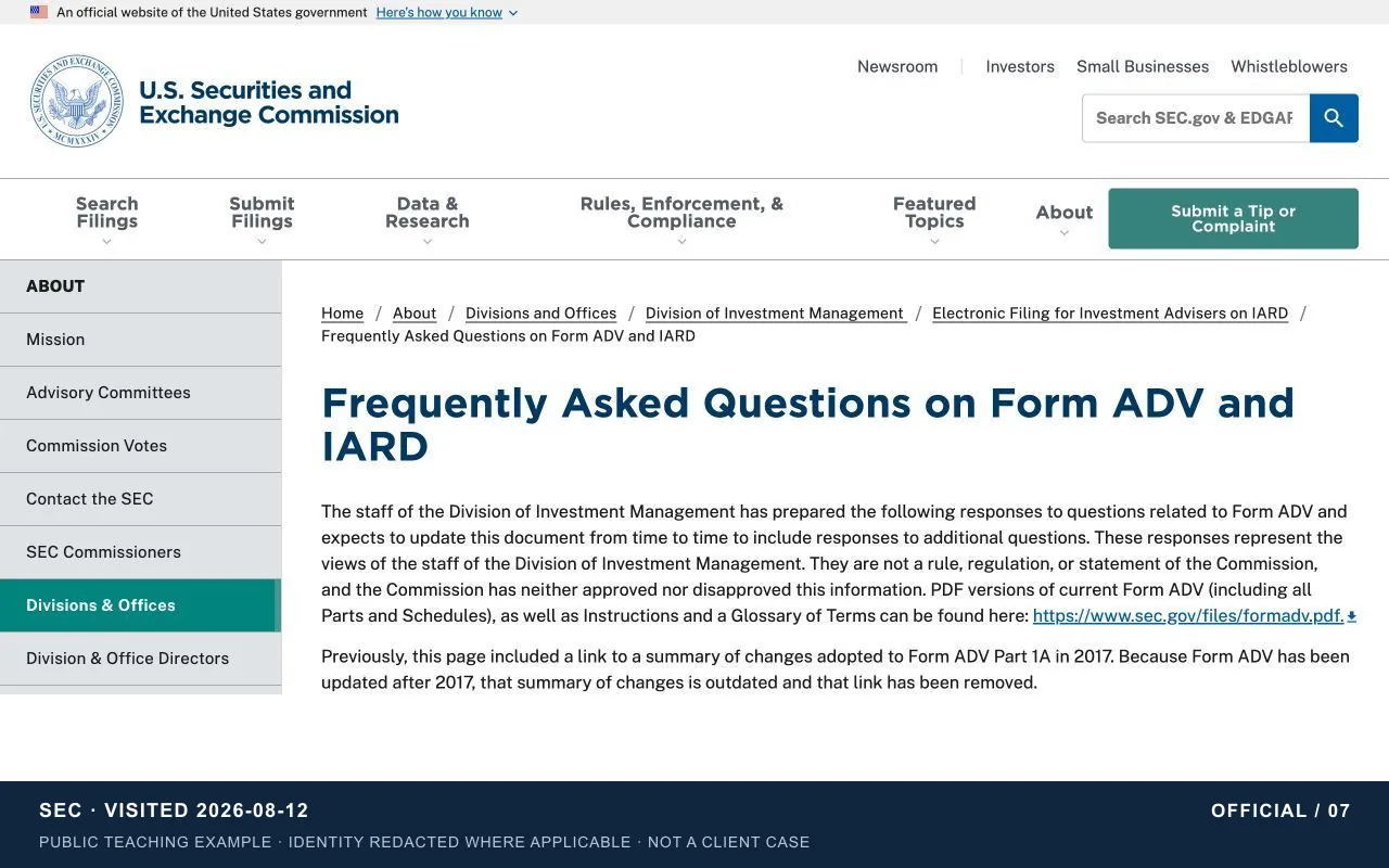 Form ADV / IARD FAQ | official-page tutorial screenshot