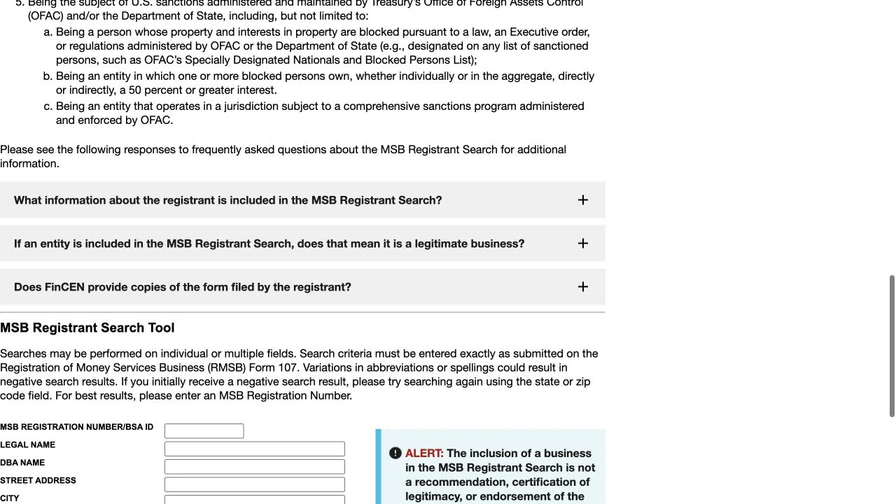 FinCEN MSB Registrant Search 官方页面实拍