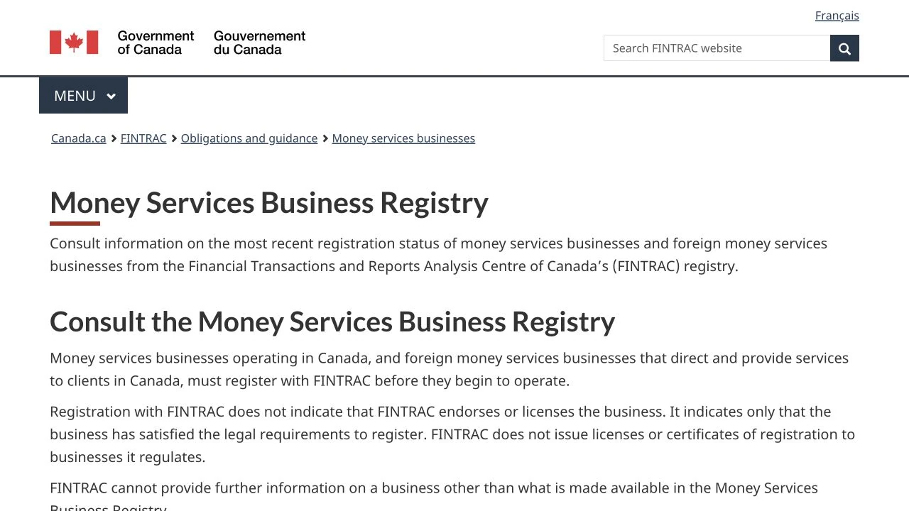 FINTRAC Money services businesses registry 官方页面截图
