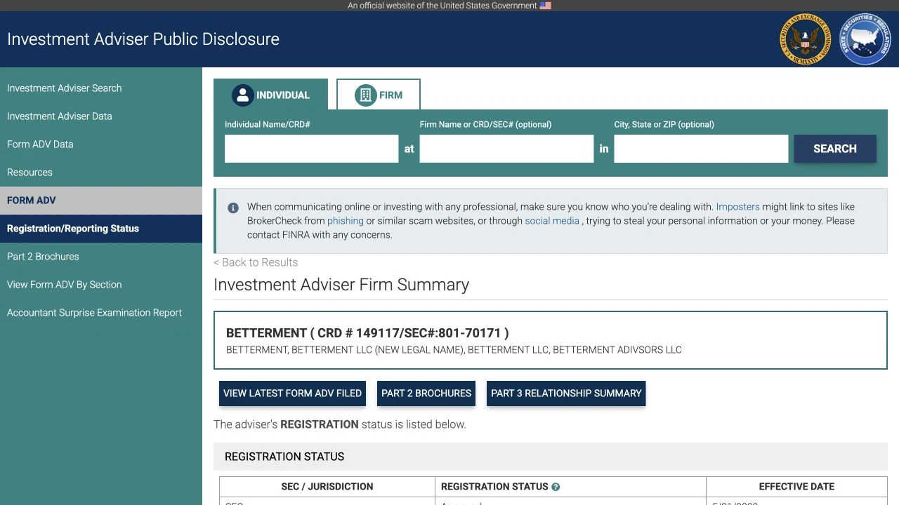 IAPD 中 BETTERMENT LLC 的公开记录教学截图