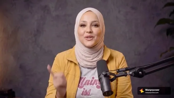 Video cover image of a woman sharing her story on a podcast microphone